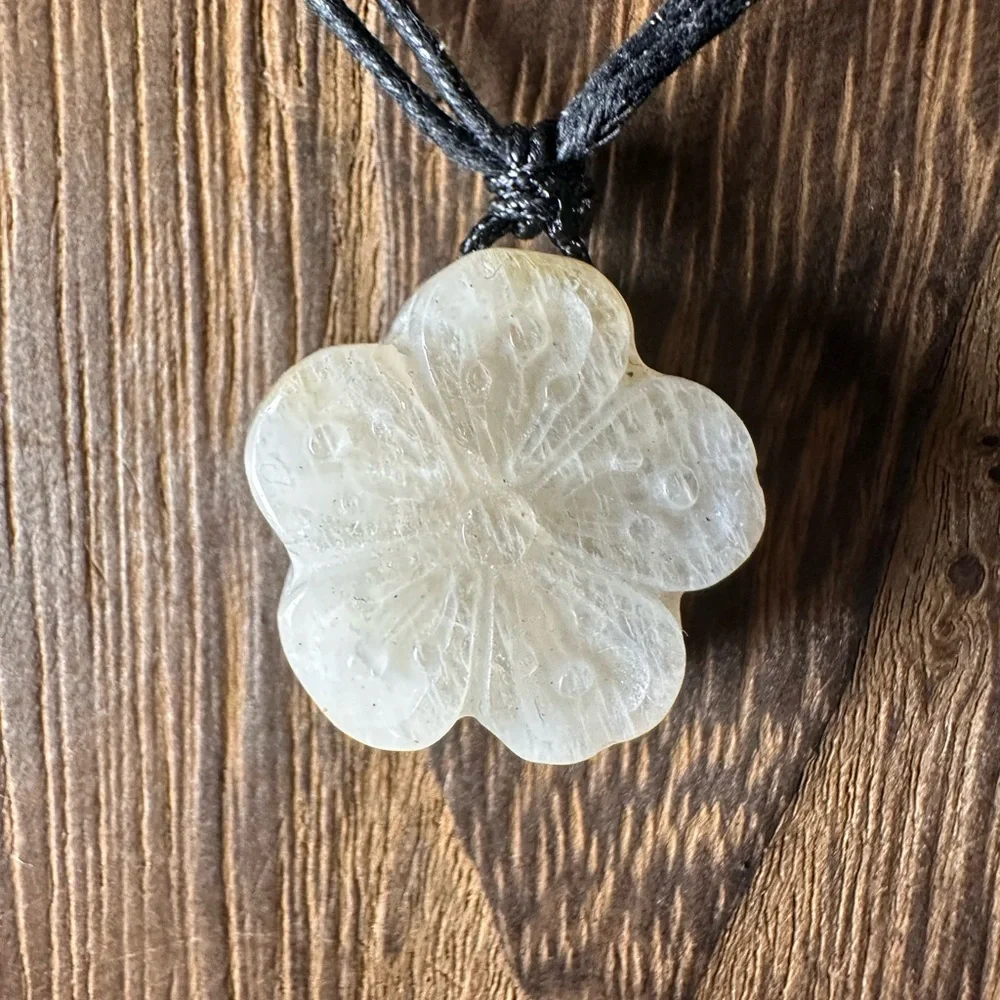 Small Moonstone Flower Pendant Necklace on Black Rope, Subtle Blue Flash - Picture 4 of 15